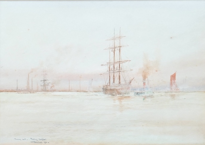 William Minshall Birchall (1884-1941), watercolour, ‘Towing out passing Purfleet, 1921’, signed, inscribed and dated, 17 x 23cm